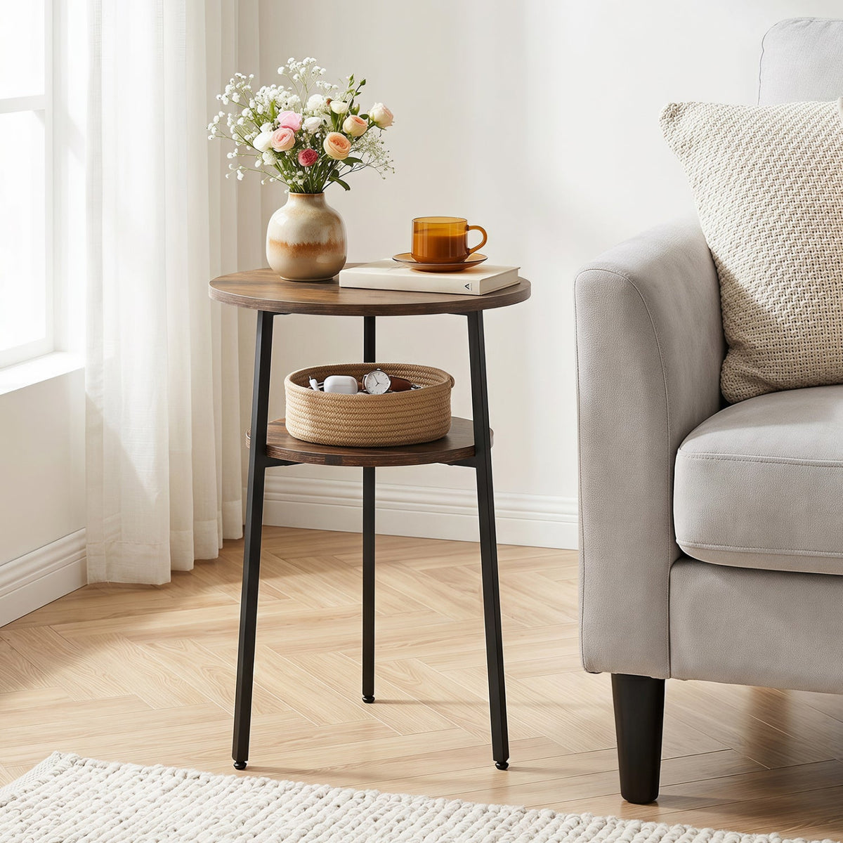 Round Side Table Set with Storage Shelf - Rustic Brown 1