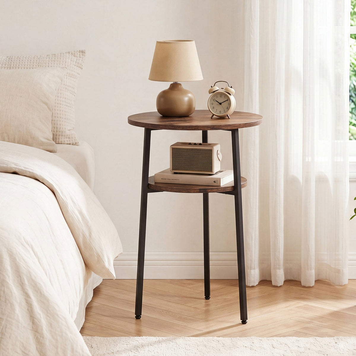 Round Side Table Set with Storage Shelf - Rustic Brown 2