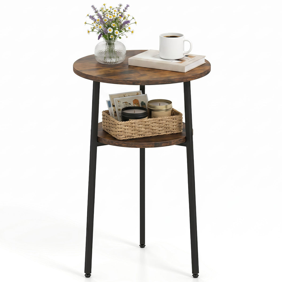 Round Side Table Set with Storage Shelf - Rustic Brown 4