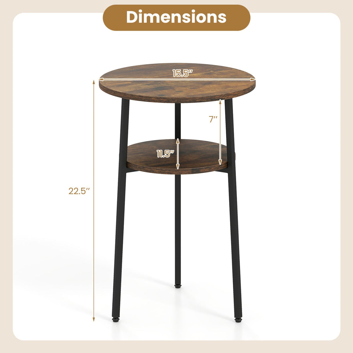 Round Side Table Set with Storage Shelf - Rustic Brown 5