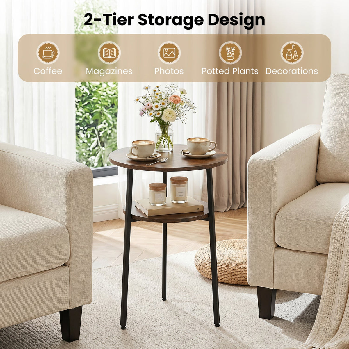 Round Side Table Set with Storage Shelf - Rustic Brown 7