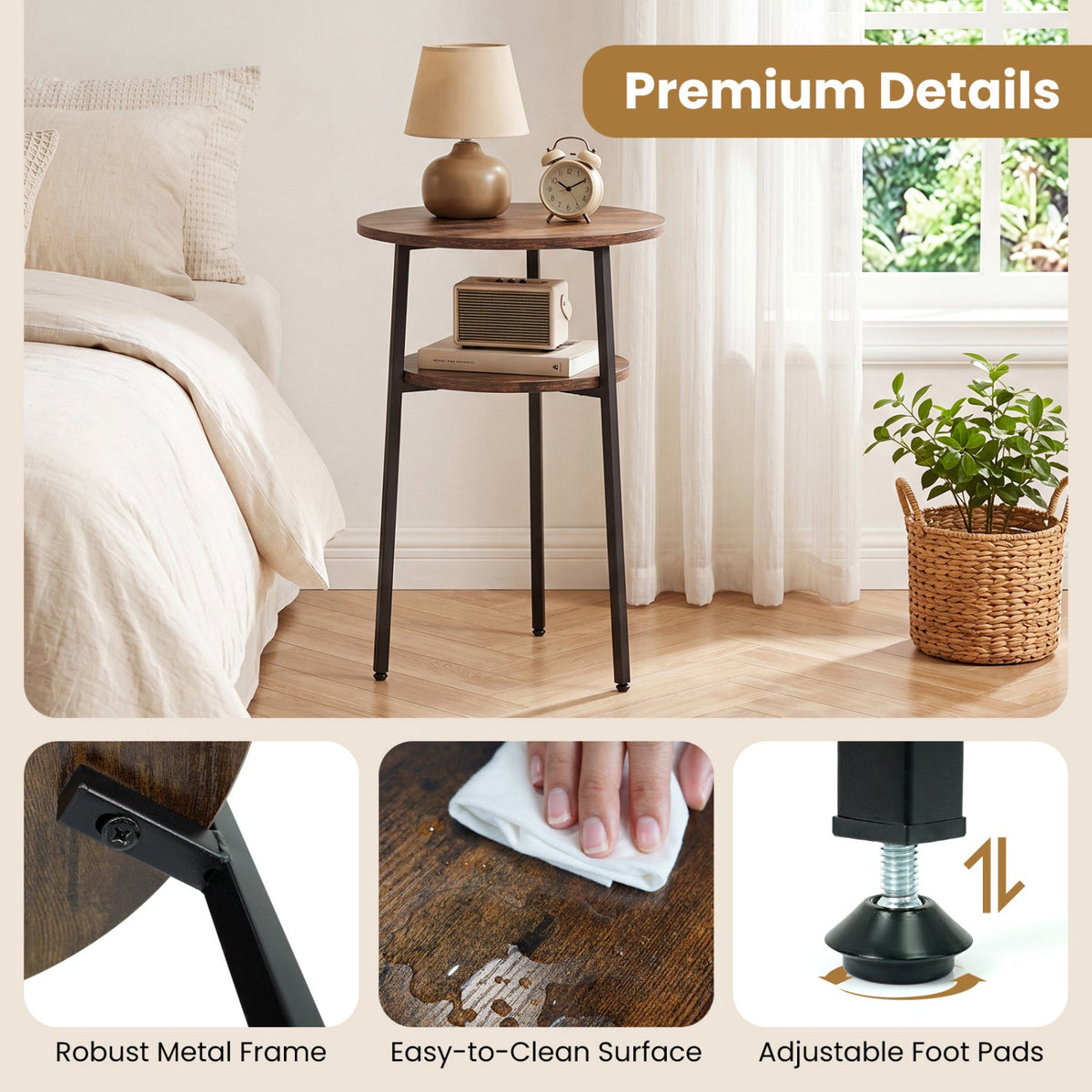 Round Side Table Set with Storage Shelf - Rustic Brown 8