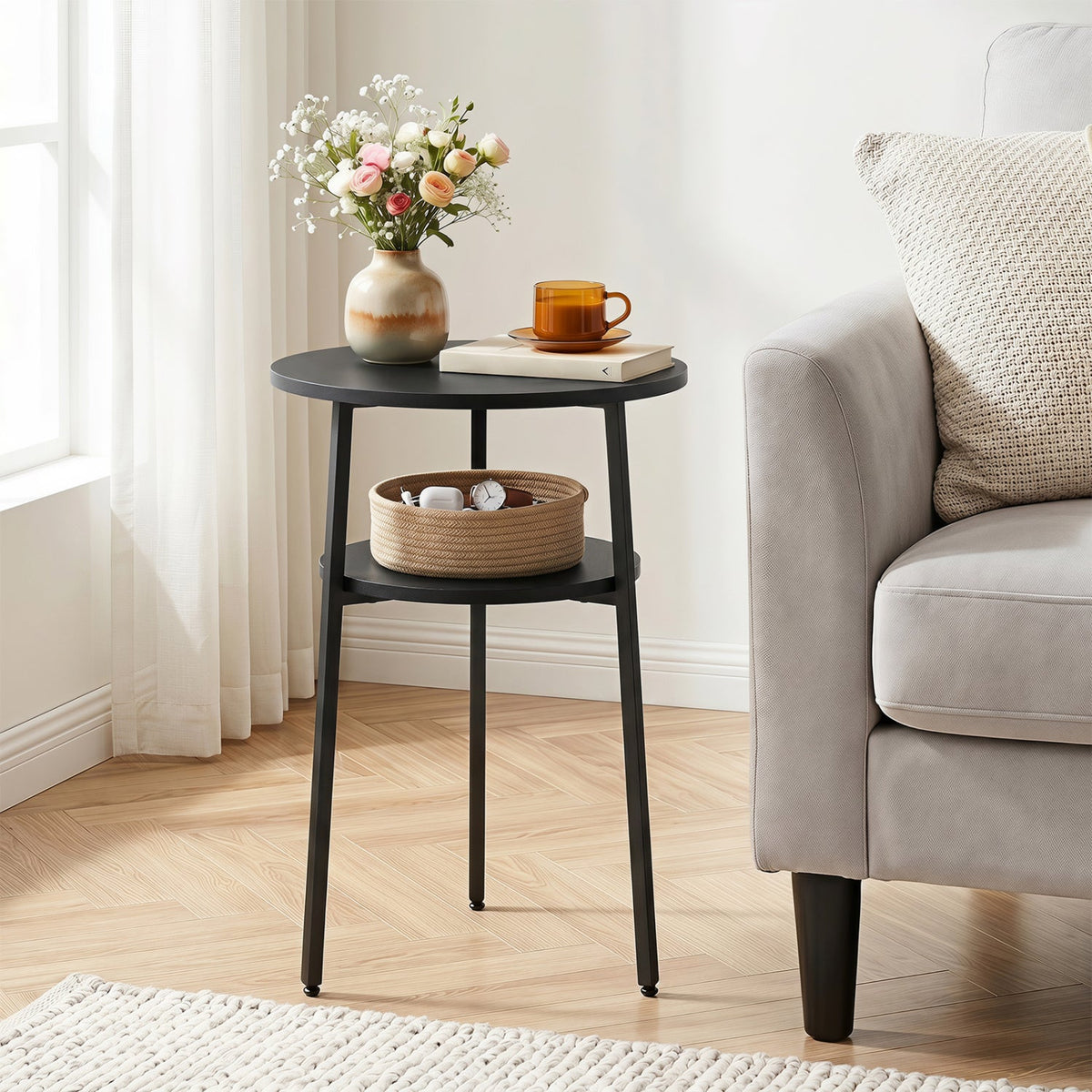 Round Side Table Set with Storage Shelf - Rustic Brown 9