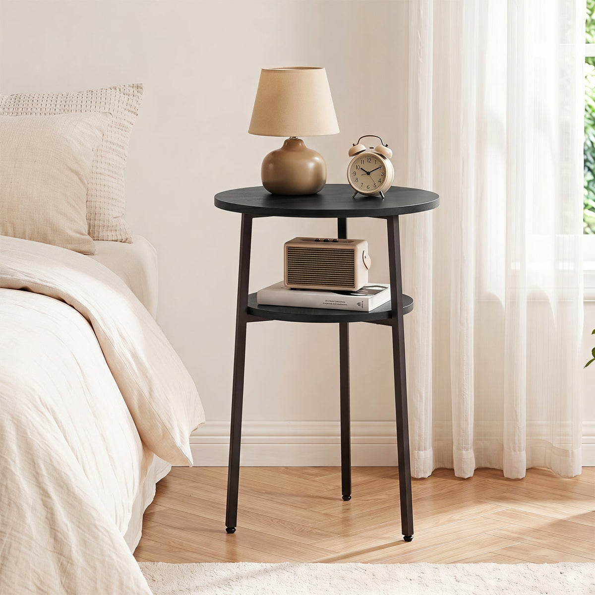 Round Side Table Set with Storage Shelf - Rustic Brown 10