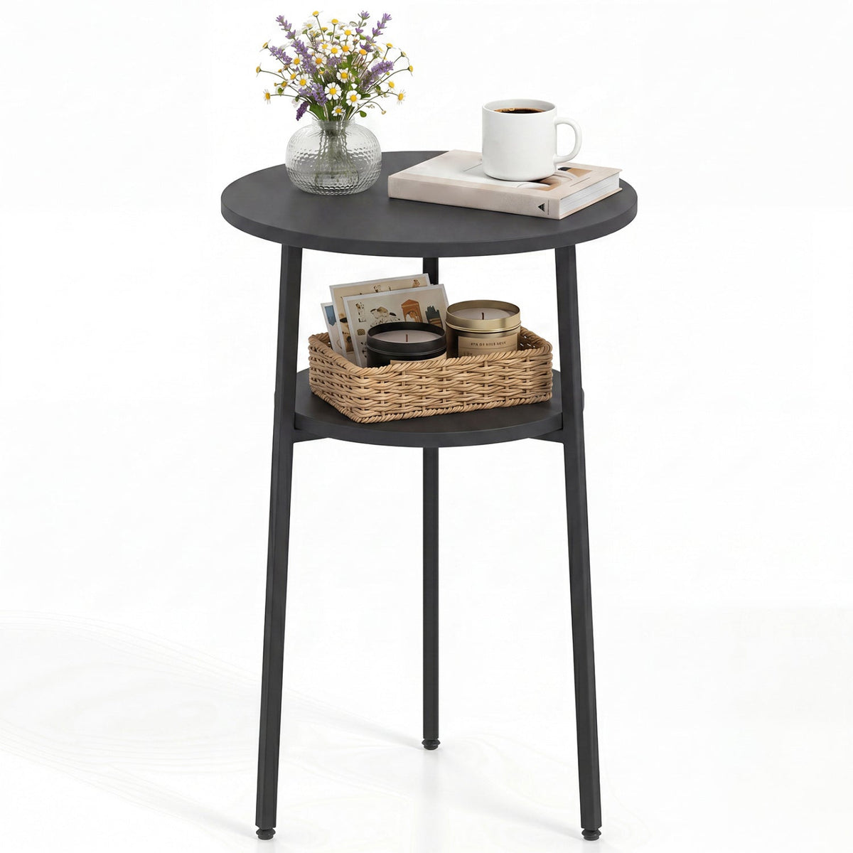 Round Side Table Set with Storage Shelf - Rustic Brown 12