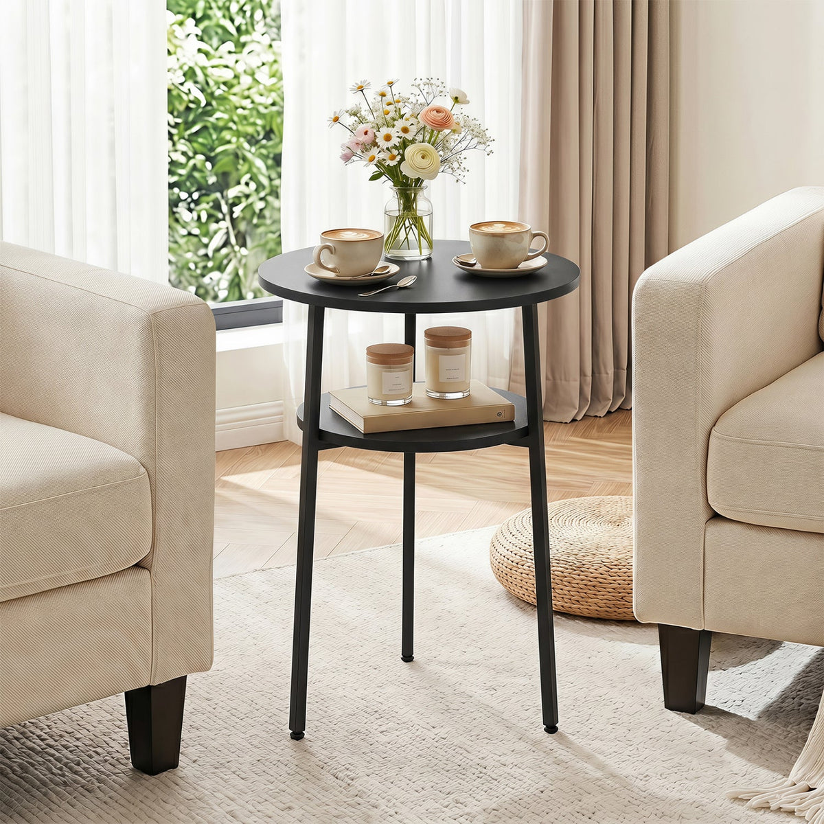 Round Side Table Set with Storage Shelf - Rustic Brown 14