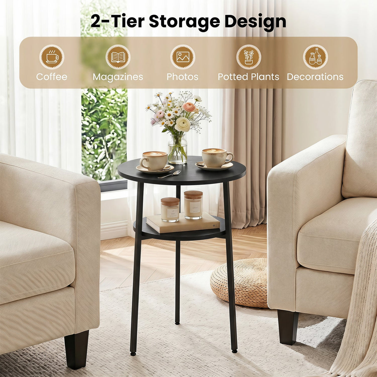 Round Side Table Set with Storage Shelf - Rustic Brown 15