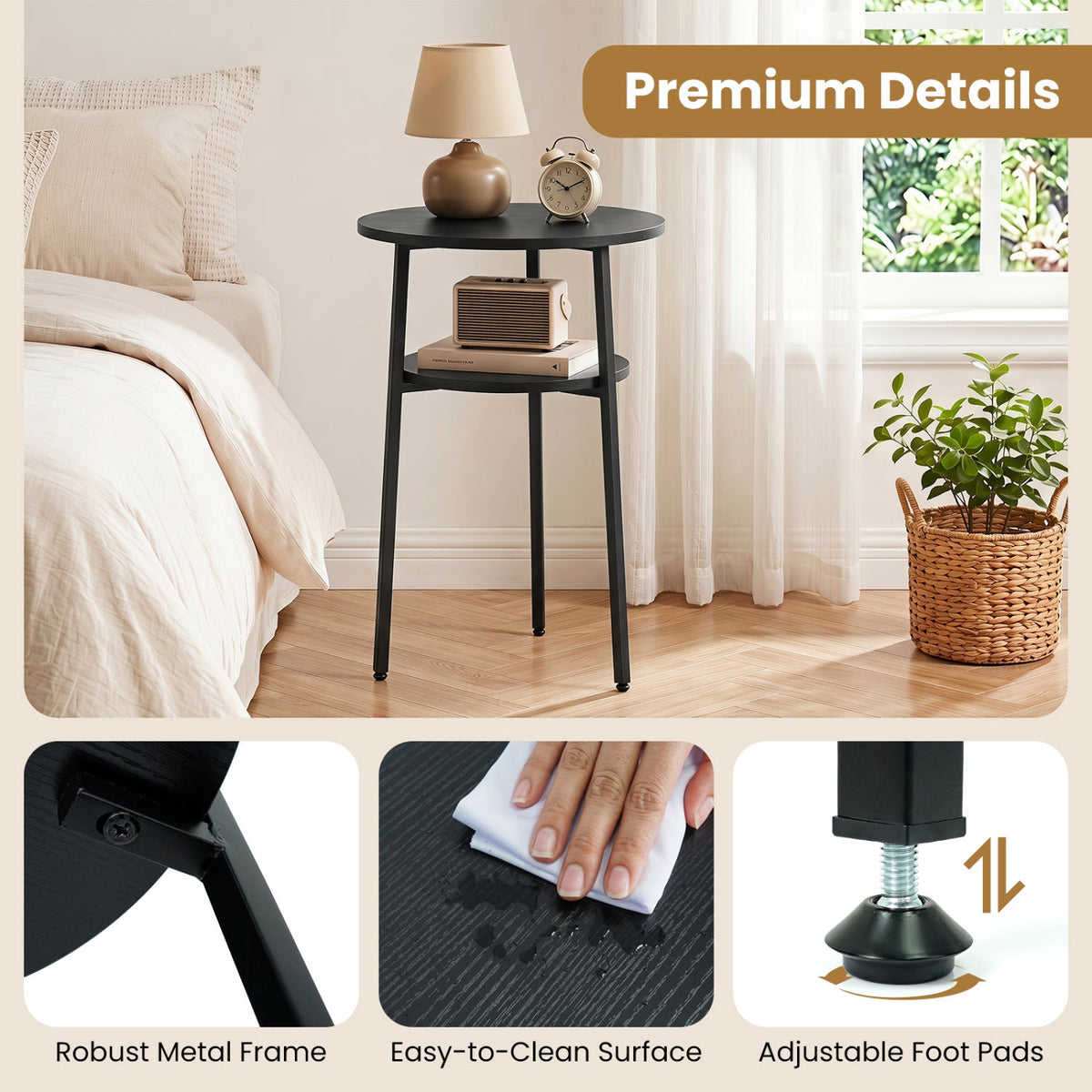 Round Side Table Set with Storage Shelf - Rustic Brown 16