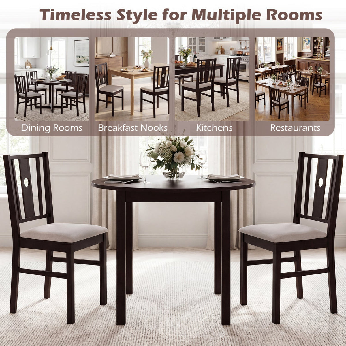 Rubber Wood Dining Chairs with Padded Fabric Seat, Set of 2 1