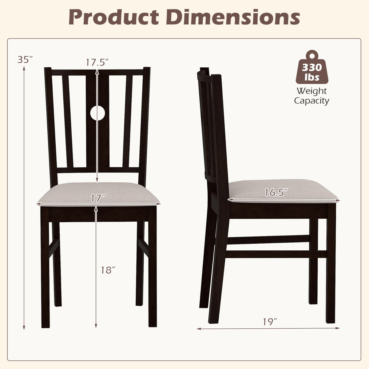 Rubber Wood Dining Chairs with Padded Fabric Seat, Set of 2 4