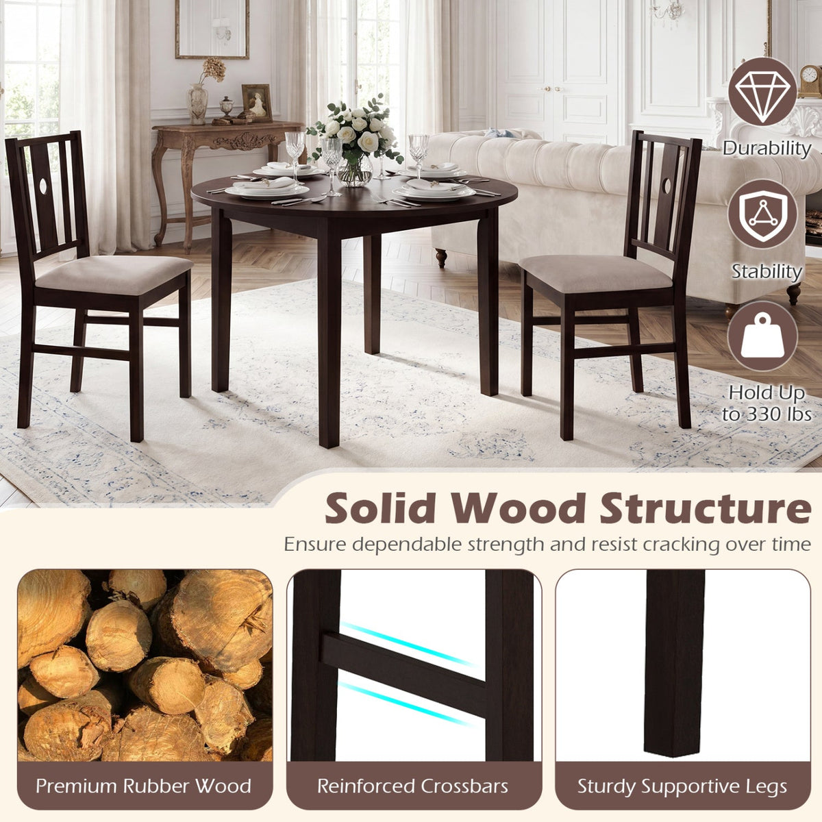 Rubber Wood Dining Chairs with Padded Fabric Seat, Set of 2 5