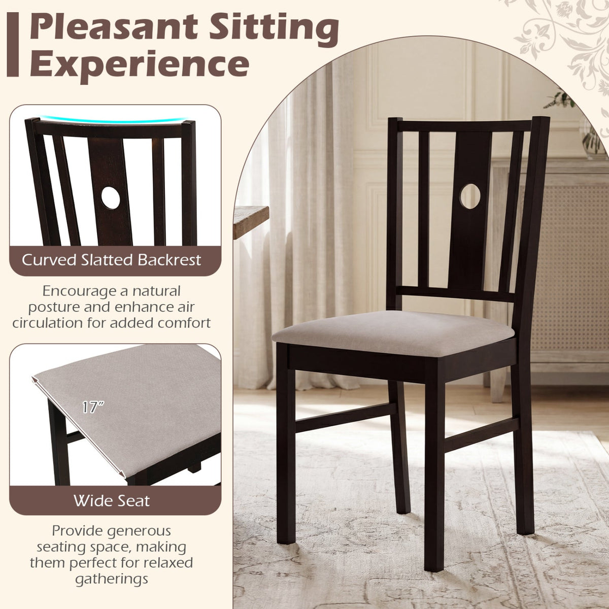 Rubber Wood Dining Chairs with Padded Fabric Seat, Set of 2 7