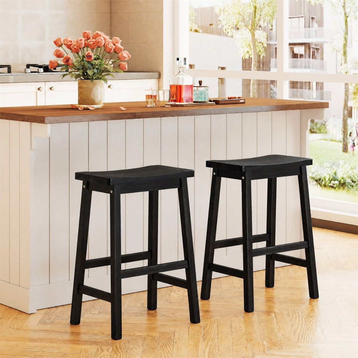Saddle-Seat Counter Height Stools Set of 2 with Footrests 8