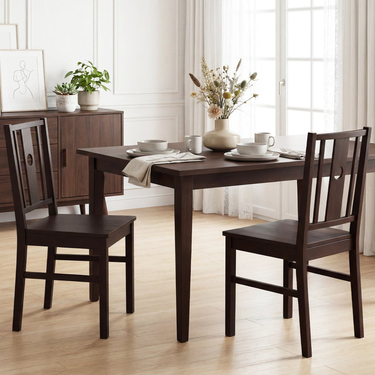 Solid Rubber Wood Dining Chairs Set of 2 with Slatted Back 1