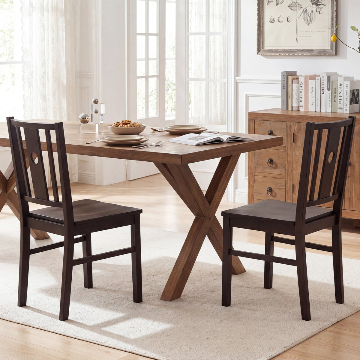 Solid Rubber Wood Dining Chairs Set of 2 with Slatted Back 2
