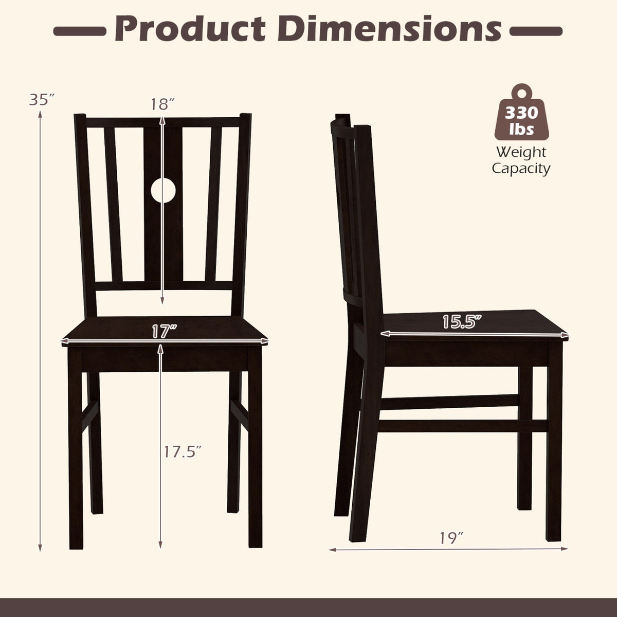 Solid Rubber Wood Dining Chairs Set of 2 with Slatted Back 4
