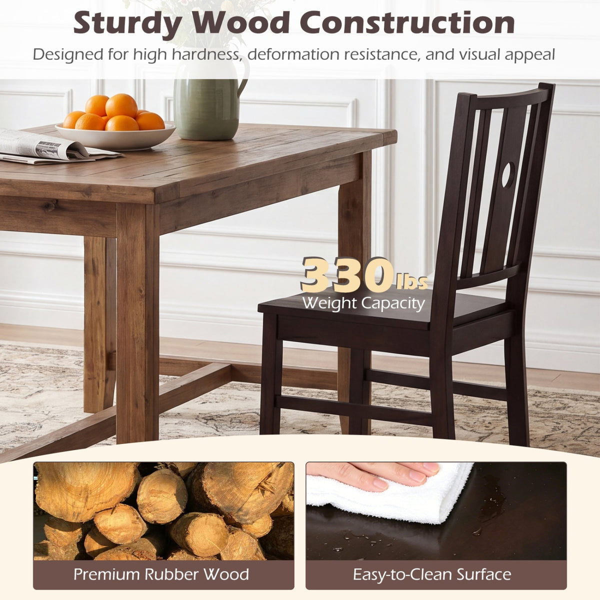 Solid Rubber Wood Dining Chairs Set of 2 with Slatted Back 5
