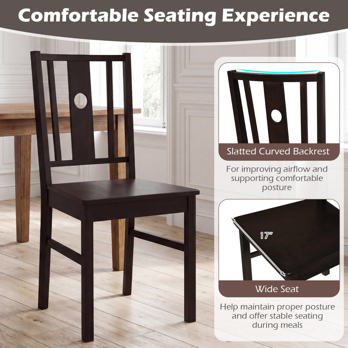 Solid Rubber Wood Dining Chairs Set of 2 with Slatted Back 6