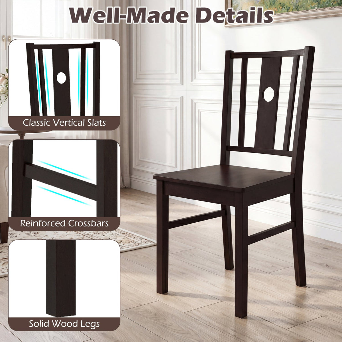 Solid Rubber Wood Dining Chairs Set of 2 with Slatted Back 8