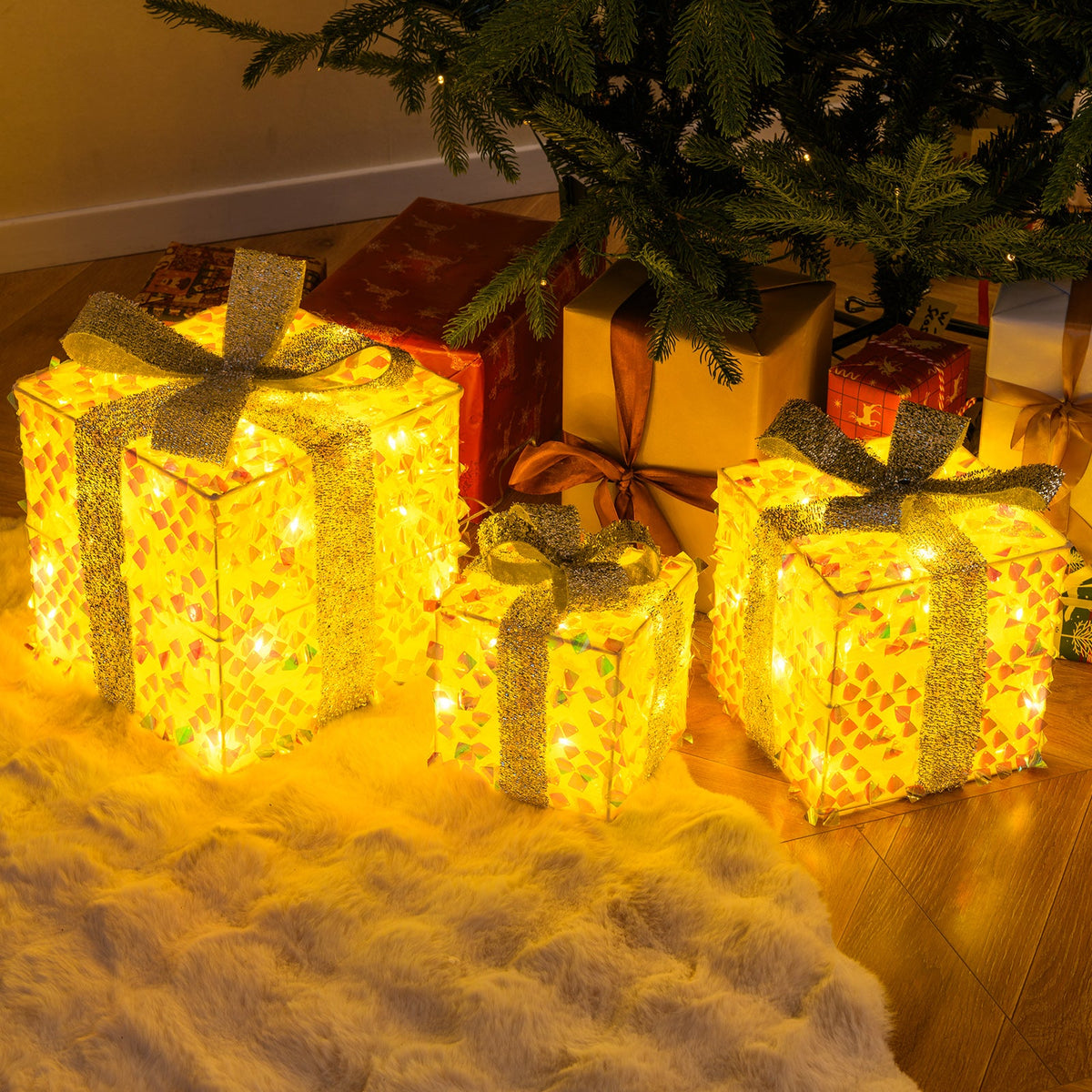 Set of 3 Christmas Lighted Gift Boxes with Pre-lit 90 LED Light and Bows 1