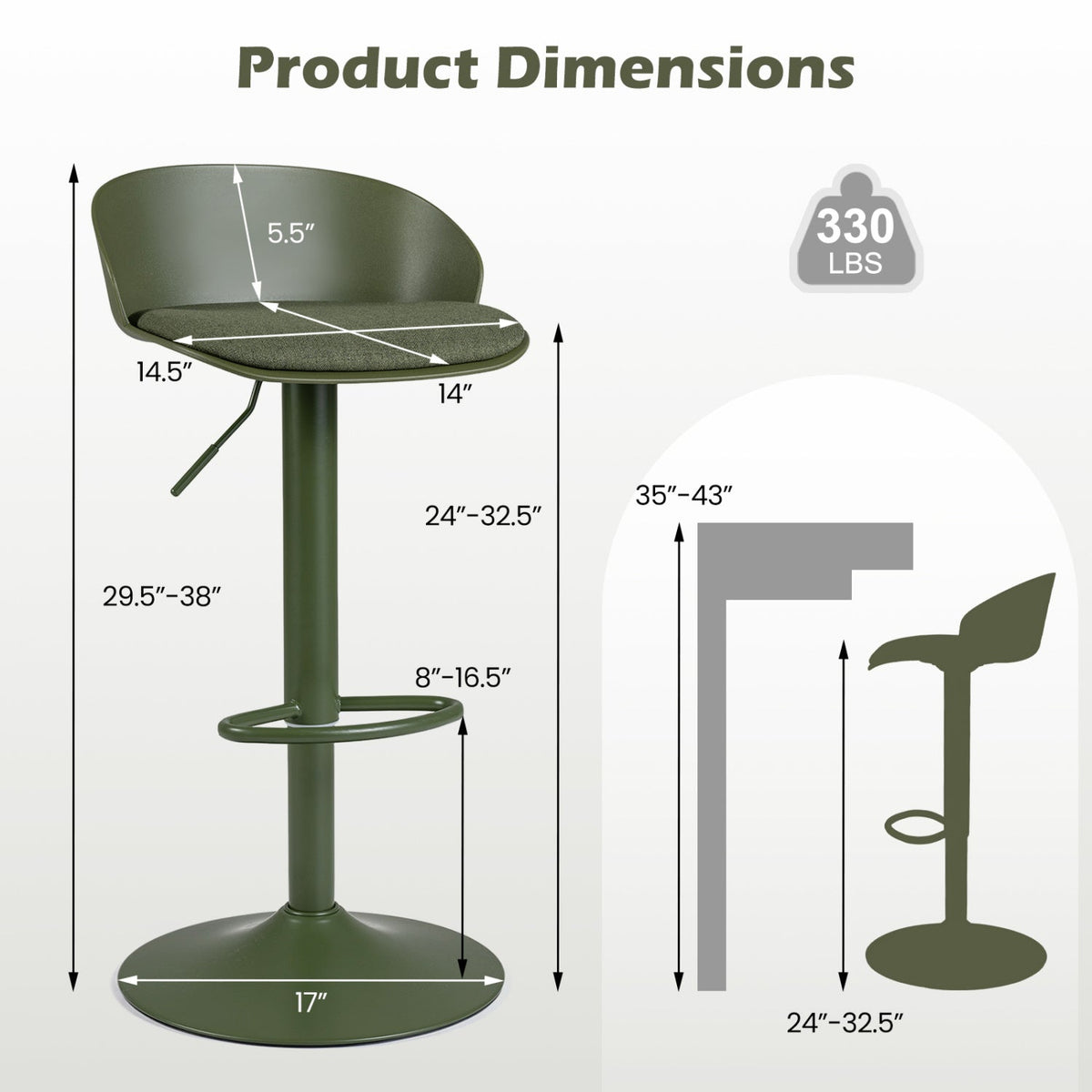 Adjustable Swivel Bar Stools Set of 4 with Back & Footrest 3