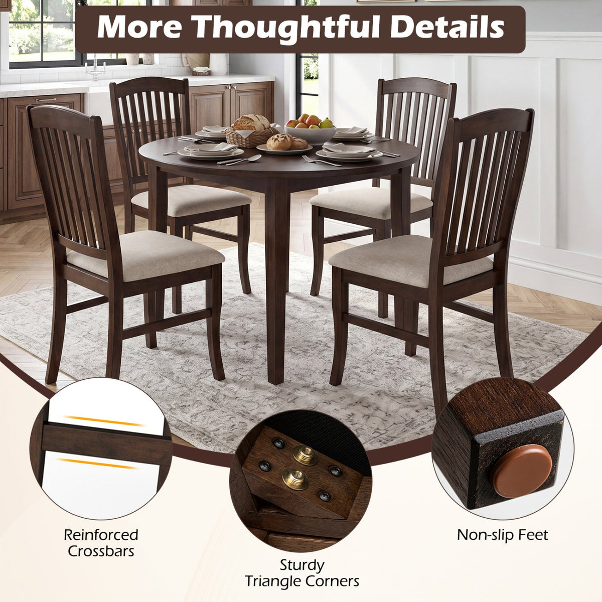 Dining Chairs Set of 4 with Padded Seats and Rubber Wood Frame 8