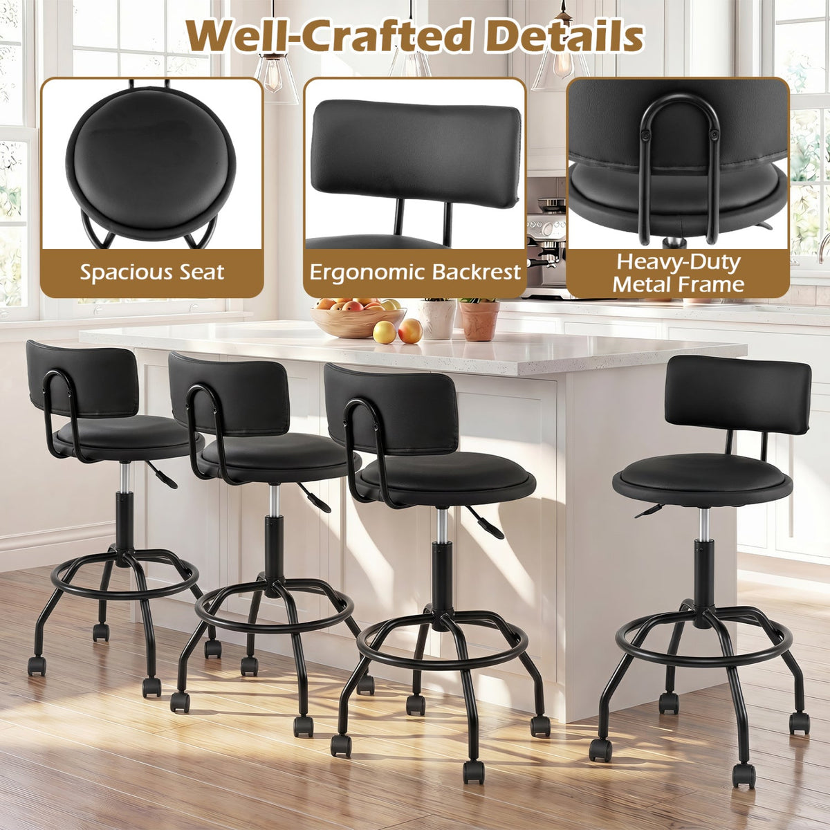Swivel Bar Stool with Backrest - Height Adjustable 24
