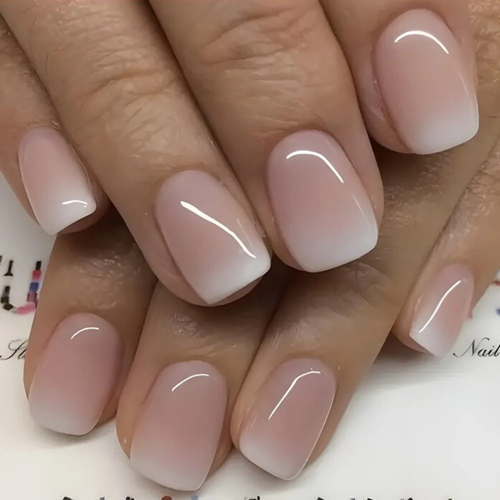 24Pcs Simple Square Head Fake Nail with Jelly Glue Pink White Gradient French Press on False Nails Short Full Cover Nail Tips 1