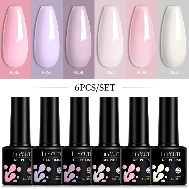 LILYCUTE 6Pcs/Set 7ML Gel DIY Nail Polish Bright Pink Semi Permanent Soak Off UV LED Gel Varnish Nail Art Design Manicure Kit 9