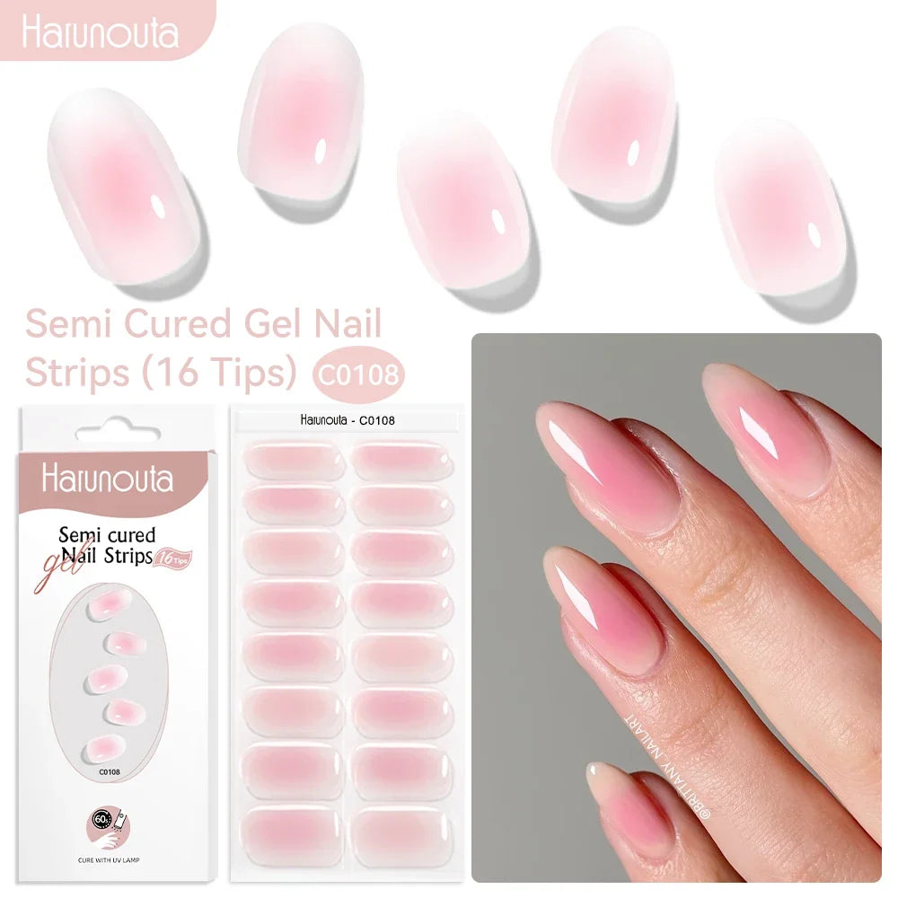 Harunouta 16strips Gradient Red Marble Gold Line Semi Cured Gel Nail Strips DIY Gel Polish Stickers for Nails Work with UV/LED 8