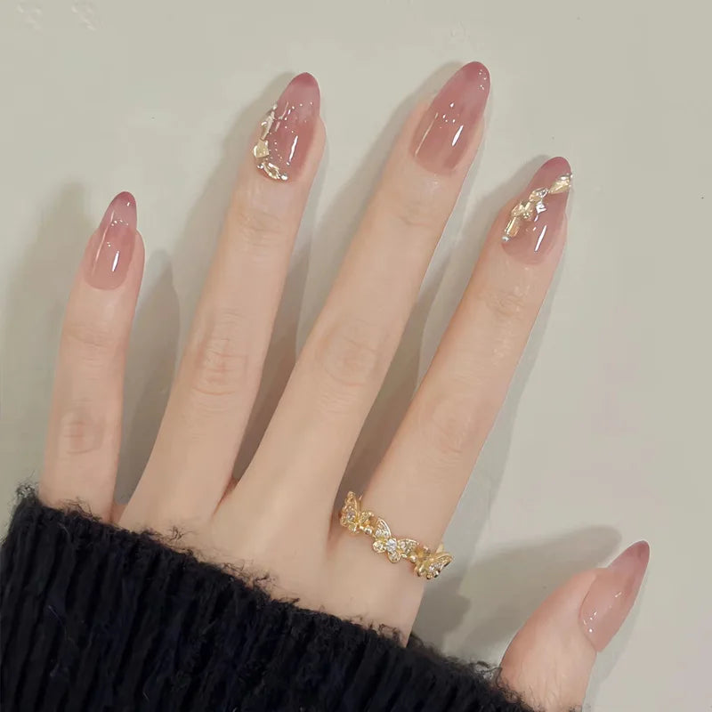 24Pcs Short Oval Head Blush Pink Press on Nails with Simple Designs Almond Nails Wearable Acrylic Full Cover Nail Tips with Glue 29