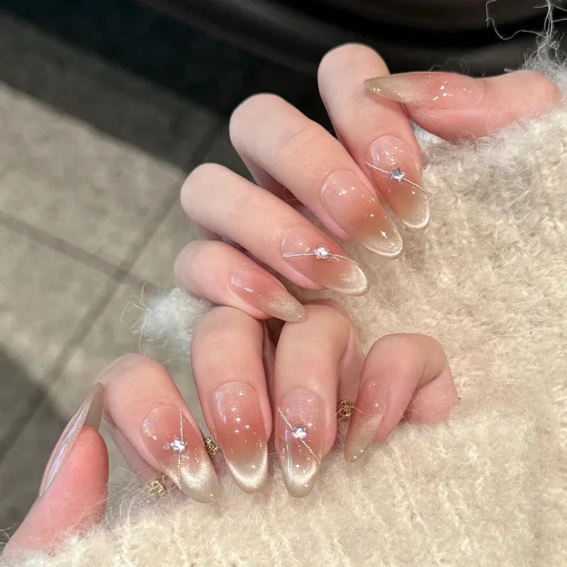 24Pcs Short Oval Head Blush Pink Press on Nails with Simple Designs Almond Nails Wearable Acrylic Full Cover Nail Tips with Glue 4