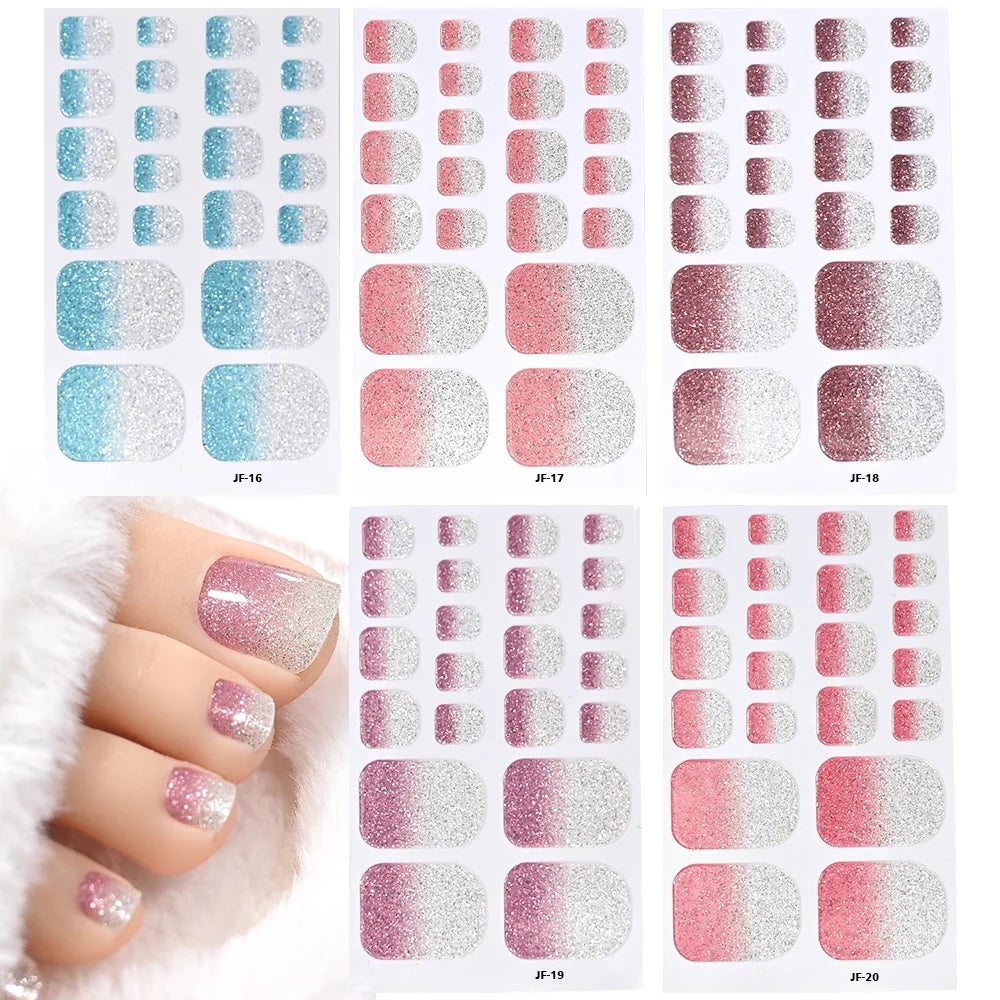 1pcs 22tips Gradient Glitter Full Toe Nail Wraps 3D Shiny Omber Pink/Purple/blue Toe Nail Polish Stickers Baking Free Toe Strips 2