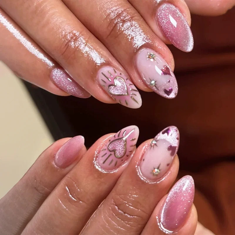 24Pcs Metallic Cat Eye French Sheer Manicure Tip Art Textured 3D Acrylic False Nails Nude Pink Almond Medium Press on Fake Nails 8