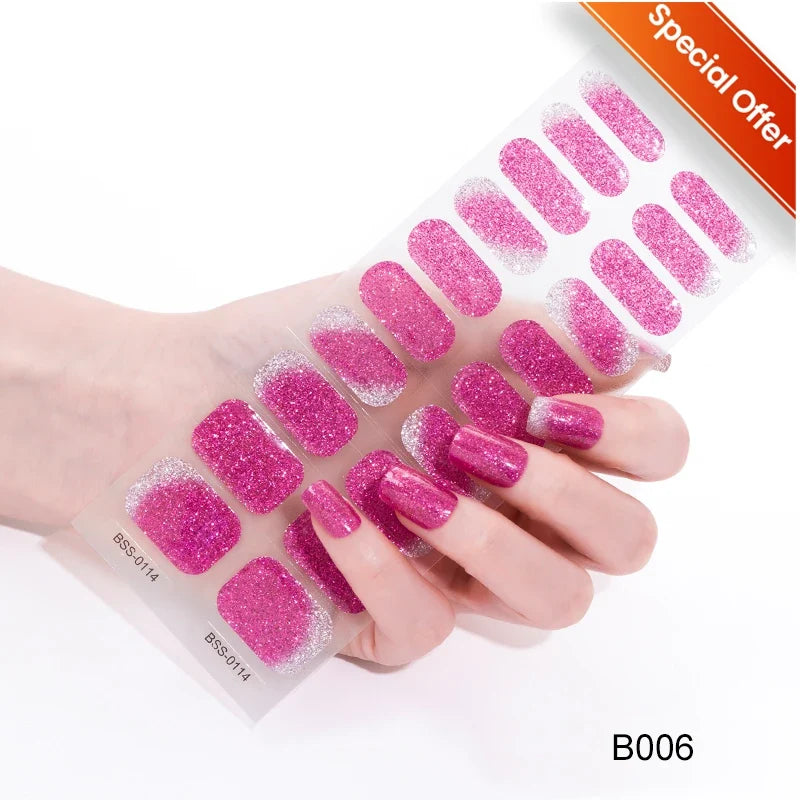 20Tips Gradient French Semi-cured Gel Nail Sticker UV Lamp Needed Full Cover Nail Gel Polish Wraps Manicure Press on Nails Decal 32