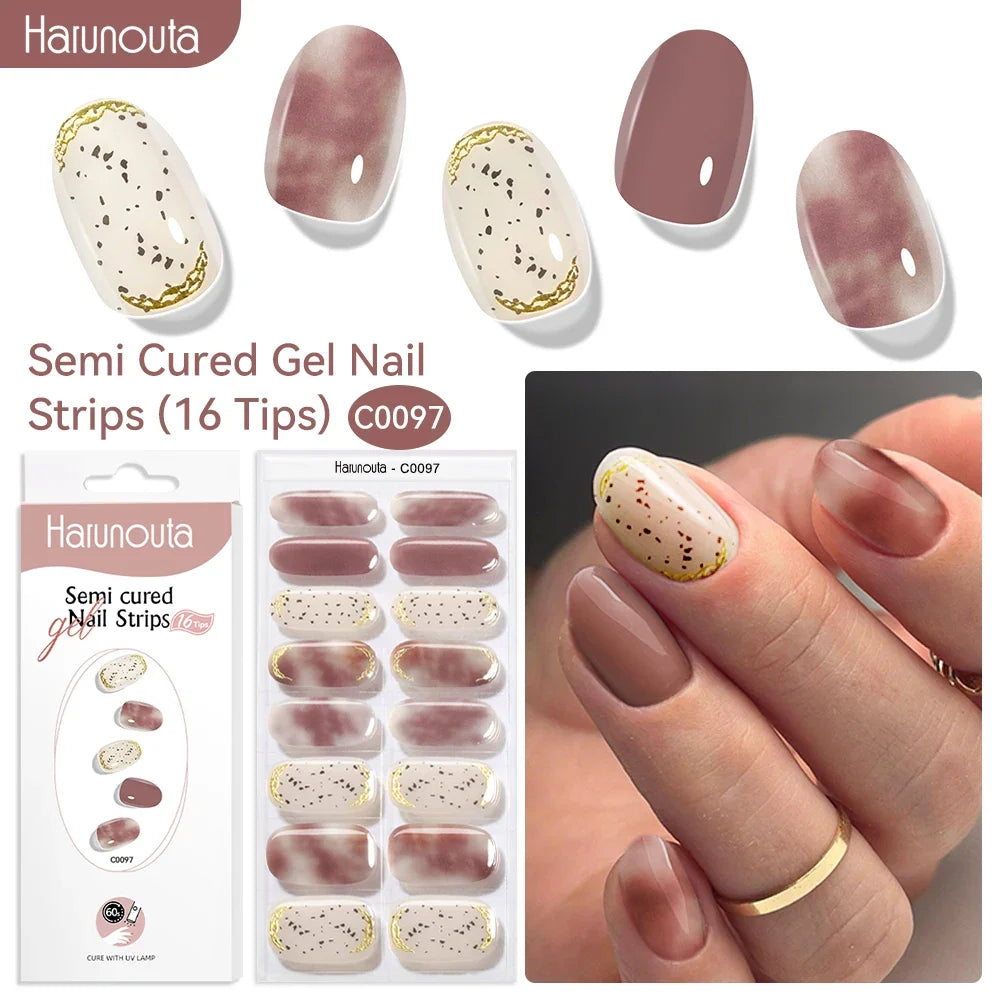 Harunouta 16strips Gradient Red Marble Gold Line Semi Cured Gel Nail Strips DIY Gel Polish Stickers for Nails Work with UV/LED 19