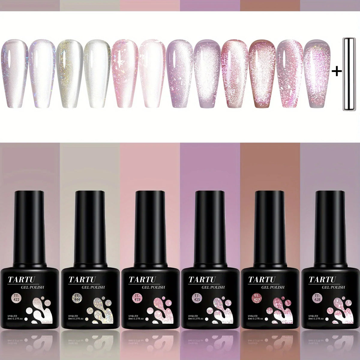 TARTU 6pcs 8ml Cat Eye Gel Nail Polish Set, 6 Colors Gel Polish Kit, Soak Off for Uv/Led, for Salon and Nail Art DIY At Home 6