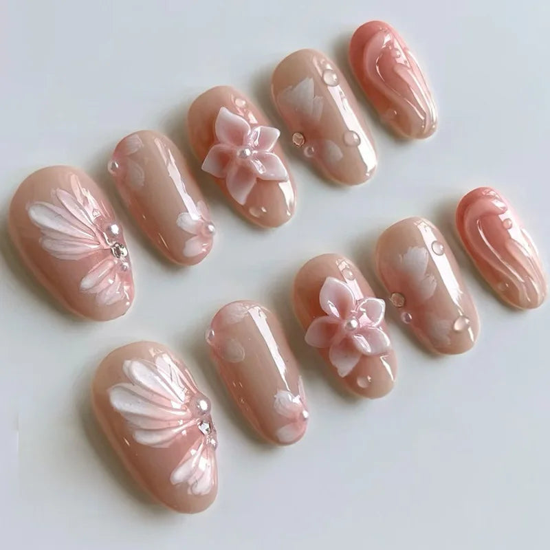 24Pcs 3D Strawberry Rabbit Flower Fake Nails Press on Mid-length Almond Wearable False Nails Green Gradient Pearl Manicure Tips 20