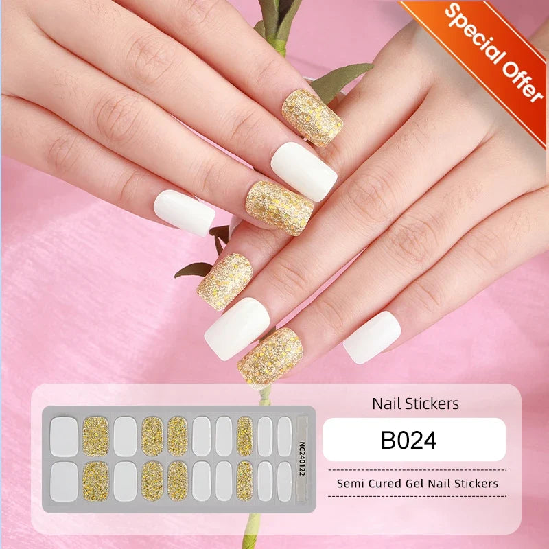 20Tips Gradient French Semi-cured Gel Nail Sticker UV Lamp Needed Full Cover Nail Gel Polish Wraps Manicure Press on Nails Decal 13
