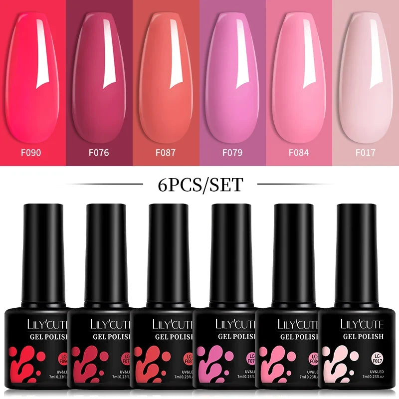 LILYCUTE 6Pcs/Set 7ML Gel DIY Nail Polish Bright Pink Semi Permanent Soak Off UV LED Gel Varnish Nail Art Design Manicure Kit 30