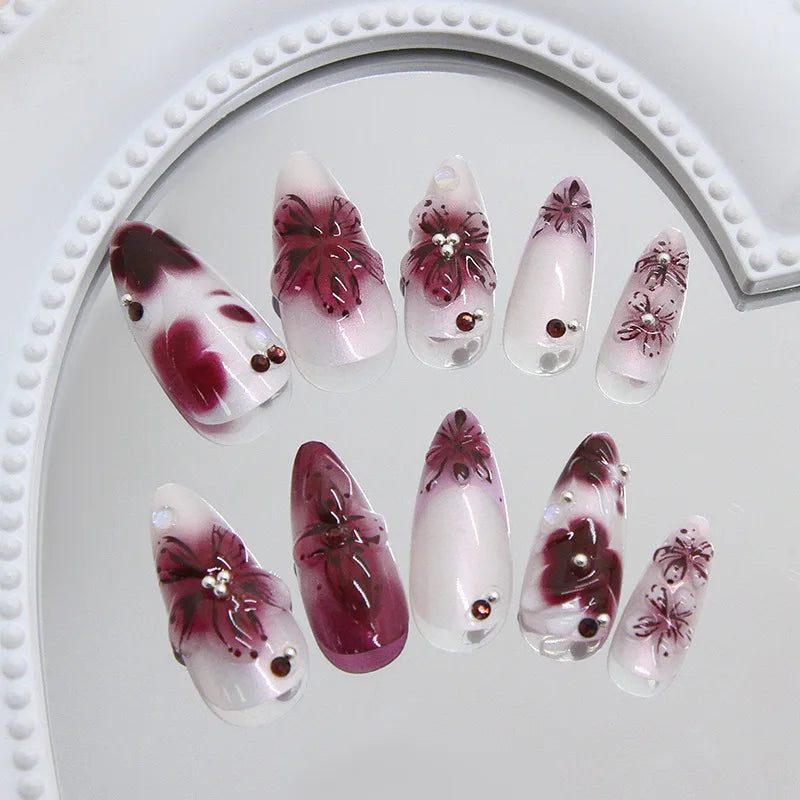 24pcs Flower Print Press on Nails Wine Red Blush Almond False Nail Tips Wearable Reusable Summer Spicy Girl Fake Nails 2