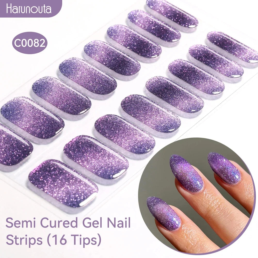 Gradient Auroras Semi Cured Gel Nail Strips Sparkly Shinning DIY Gel Polish Stickers for Nails Works with UV/LED Nail Lamps 14