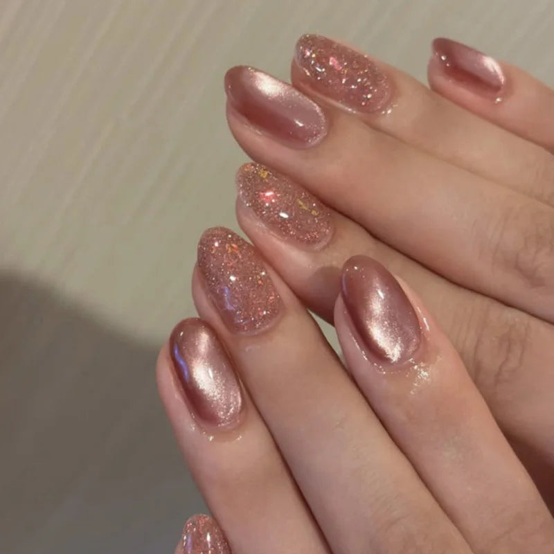 24Pcs Short Oval Head Blush Pink Press on Nails with Simple Designs Almond Nails Wearable Acrylic Full Cover Nail Tips with Glue 27