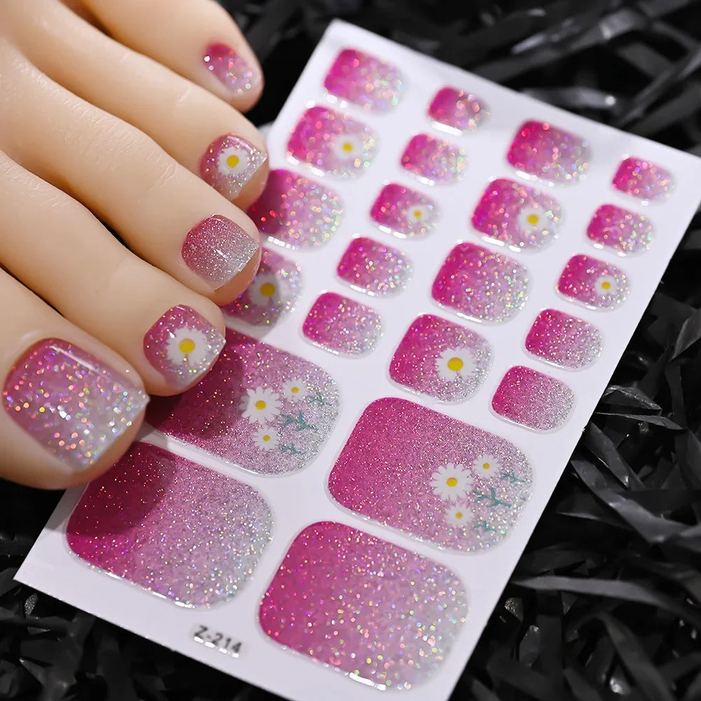 1pcs 22tips Gradient Glitter Full Toe Nail Wraps 3D Shiny Omber Pink/Purple/blue Toe Nail Polish Stickers Baking Free Toe Strips 9