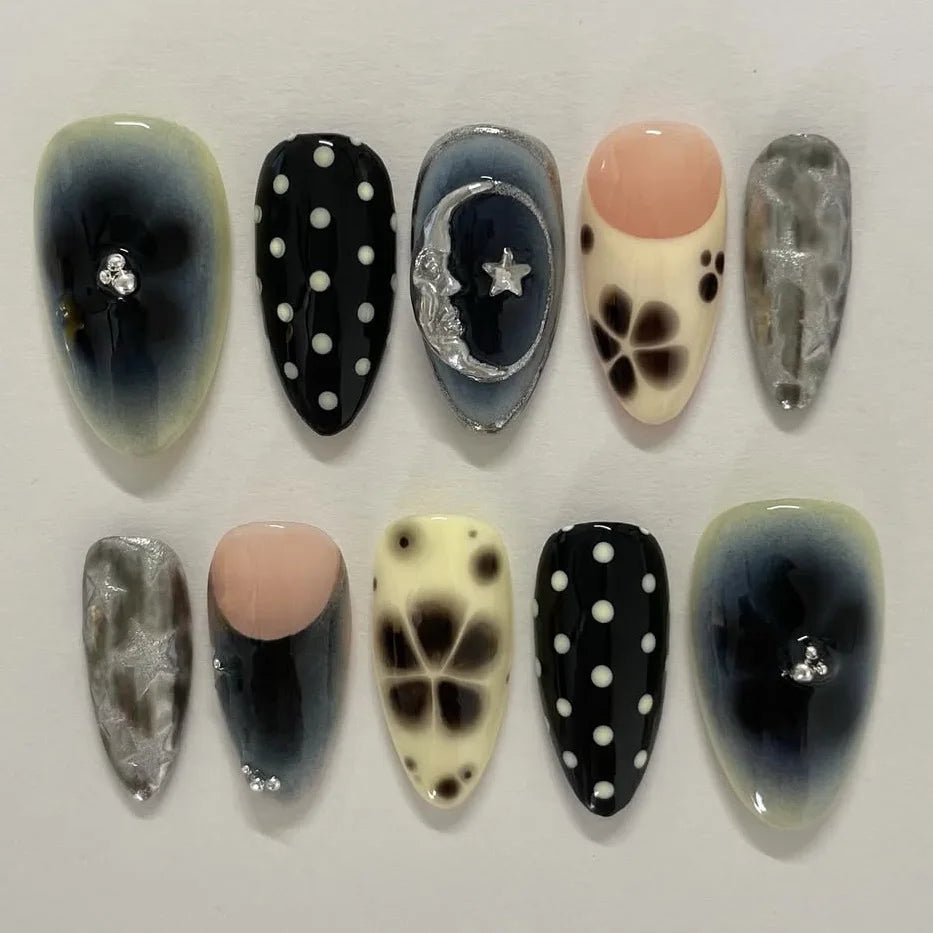 24pcs Gradient Black False Nails Yellow Star Moon Swan Pattern Press On Nails Sweet Cool Bowknots Flower Fake Nail Y2k Manicure 23