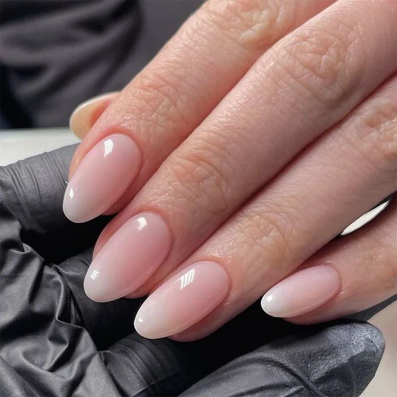 24Pcs Short Oval Head Blush Pink Press on Nails with Simple Designs Almond Nails Wearable Acrylic Full Cover Nail Tips with Glue 14