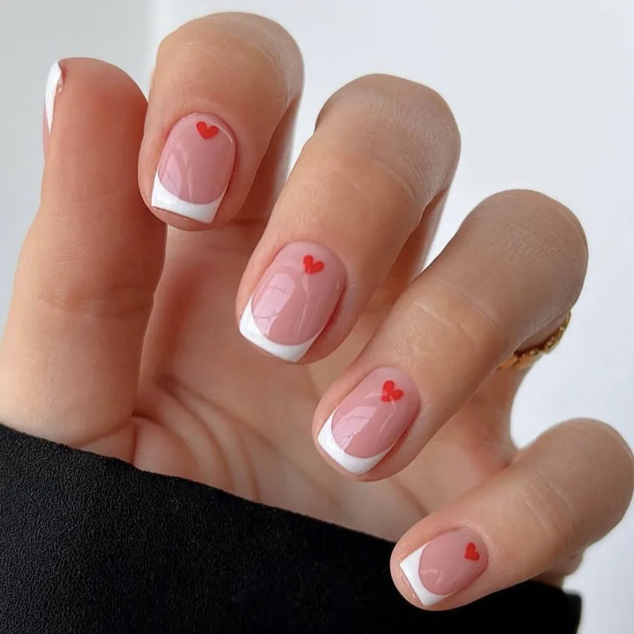 24Pcs Simple Square Head Fake Nail with Jelly Glue Pink White Gradient French Press on False Nails Short Full Cover Nail Tips 29