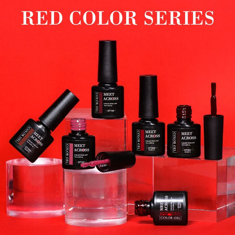 MEET ACROSS 7ml Red Gel Nail Polish Crystal Semi Permanent Soak Off UV Gel Varnish Nail Art Manicure Base Matte Top Coat Vernis 3