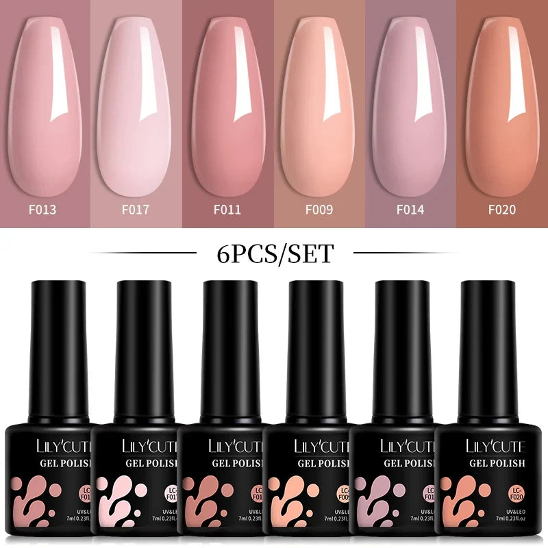 LILYCUTE 6Pcs/Set 7ML Gel DIY Nail Polish Bright Pink Semi Permanent Soak Off UV LED Gel Varnish Nail Art Design Manicure Kit 26