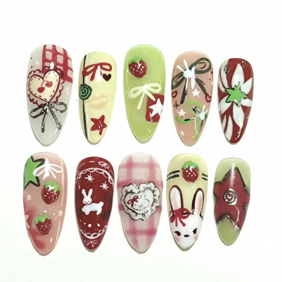 24pcs Flower Print Press on Nails Wine Red Blush Almond False Nail Tips Wearable Reusable Summer Spicy Girl Fake Nails 38